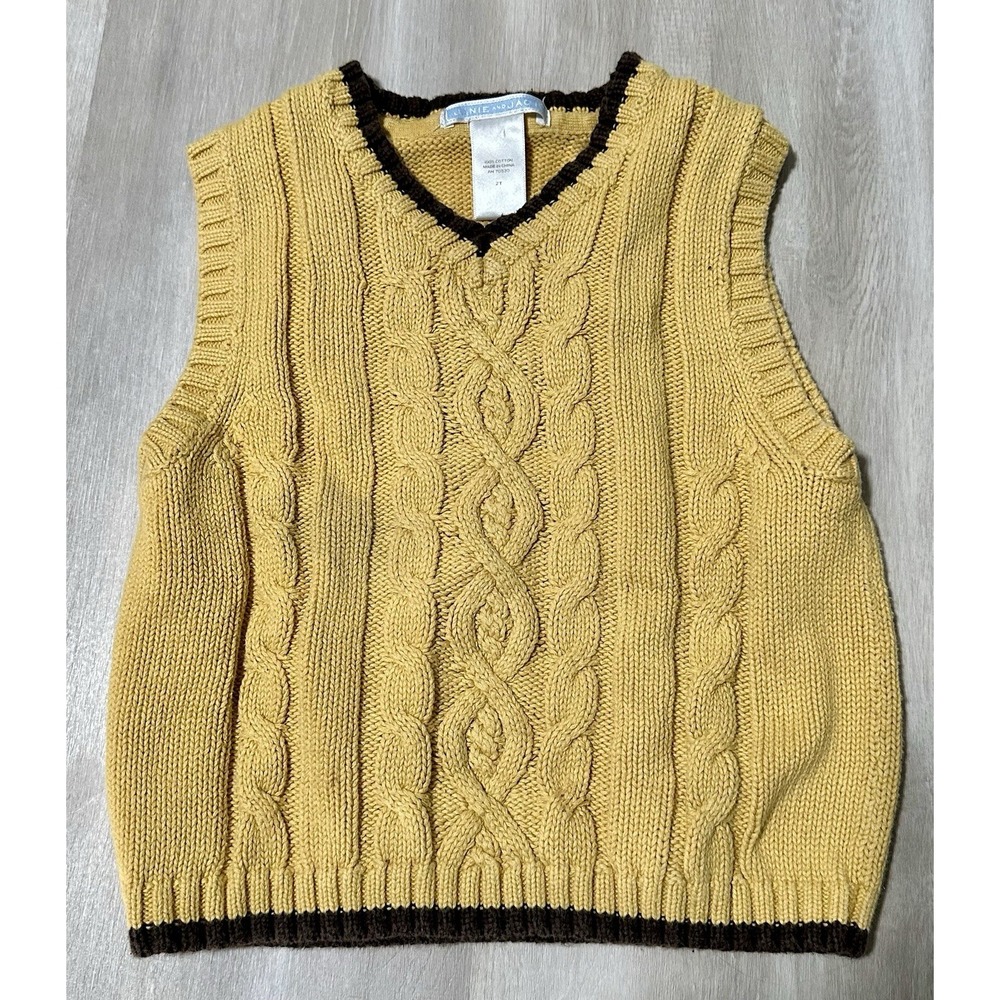 JANIE AND JACK Kids 2T Yellow Cable Knit V‎ Neck Sweater Vest Boys Girls Cotton